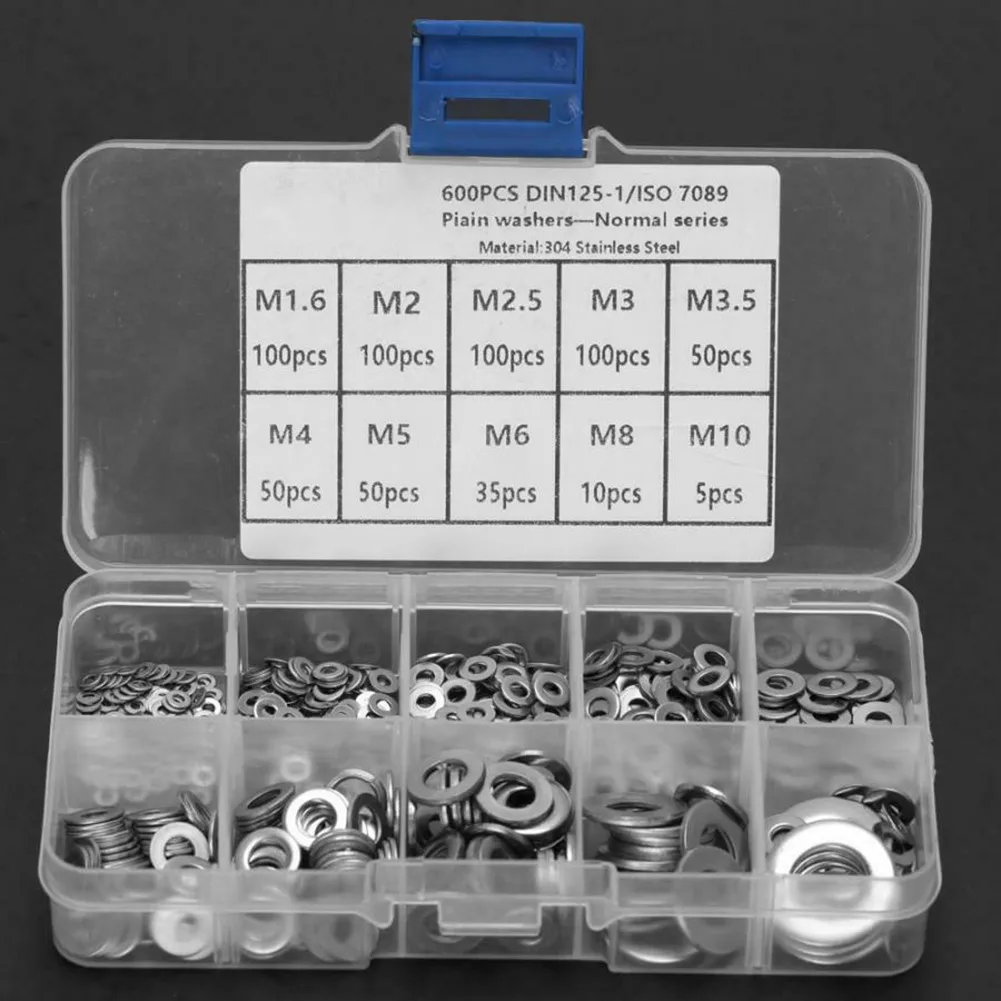 

600pcs Stainless Steel Flat Washers 304 Grade for M1 through M10 Metric Screws Bolts in Industrial Applications