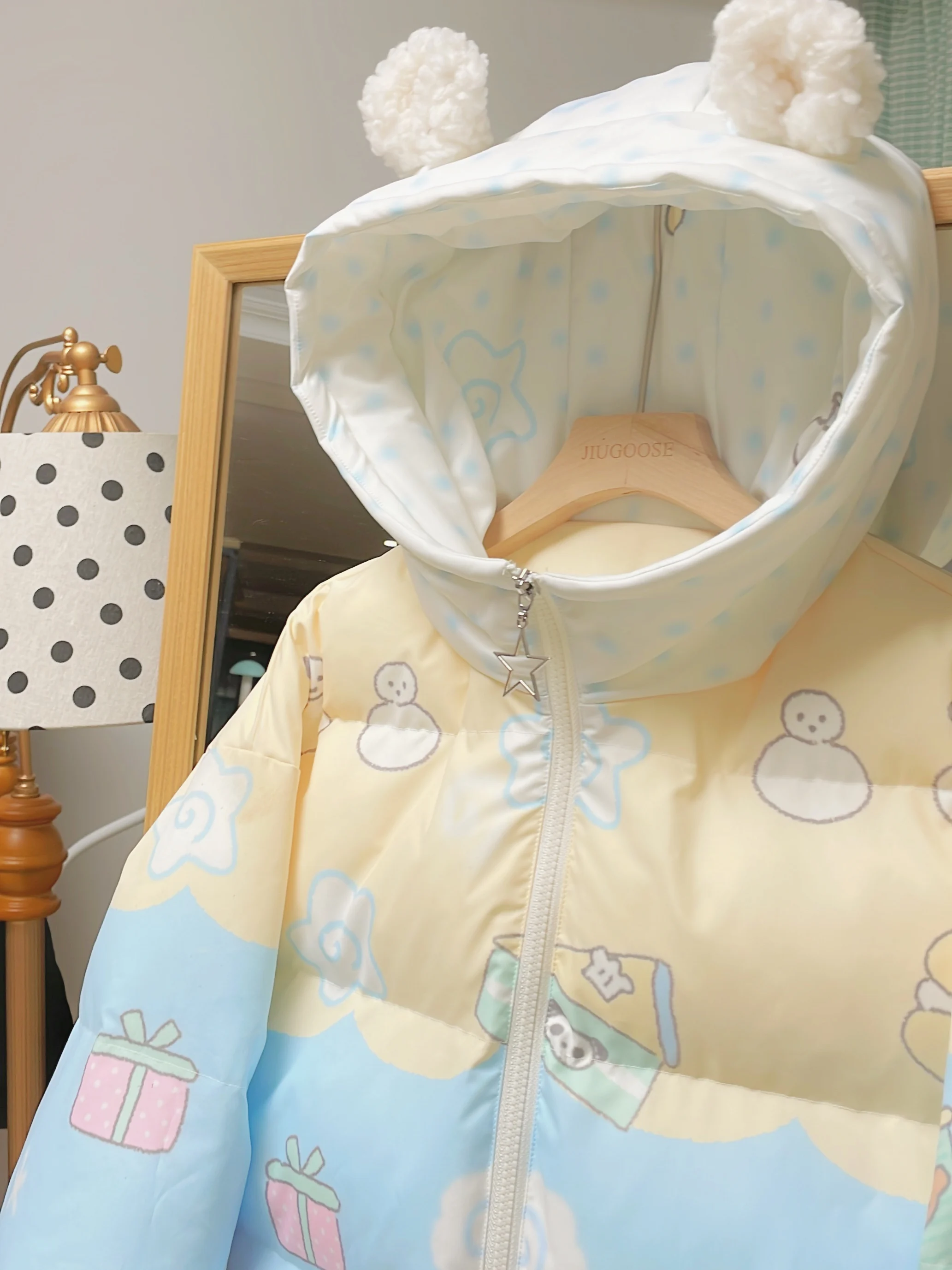 Original Design College Style Sweet Cute Cartoon Print Cotton Padded Coats Autumn Winter Loose Hooded Students Kawaii Parkas