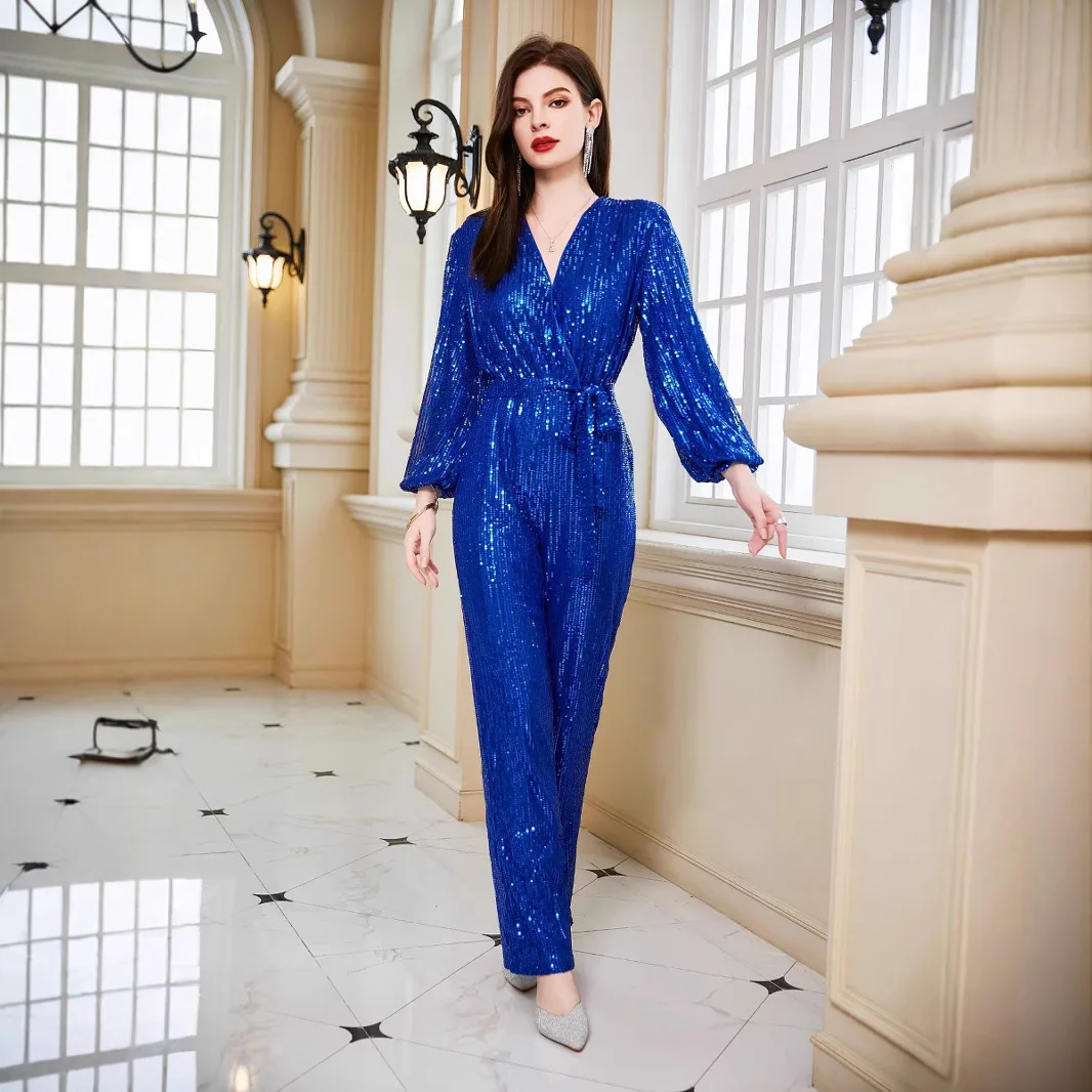 

Sexy Long Sleeve V-Neck Sparkling Evening Romper Micro Flared Pants Thin Summer Collection mid Waist Ladies Fashionable One-P...