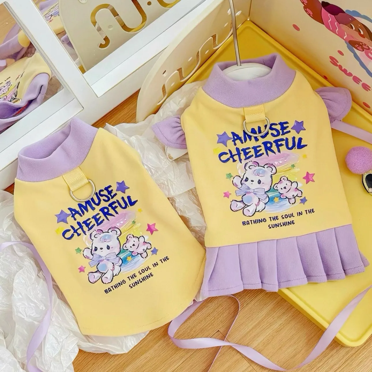 Niedliche Haustier-Paar-Kleidung mit Cartoon-Bärenmuster, Teddy-Kleid, Atmungsaktive Sommerkleidung für Welpen, Süßer Rock für Yorkshire-Terrier