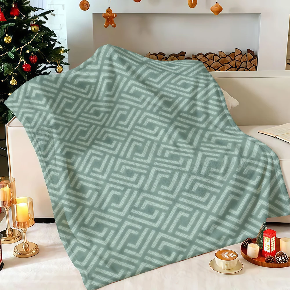 Sage Green Geometric Greek Key Flannel Blanket Soft Fuzzy Plush Cozy Lightweight Throw for Sofa Bed Couch Home Decor