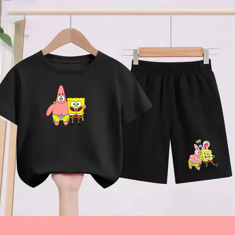 

SpongeBobs Round-neck T-Shirt Set Cartoon Anime Tops Breathable Kawaii Emoji Printed Tee Summer Boy Girl Fashion Casual Clothes