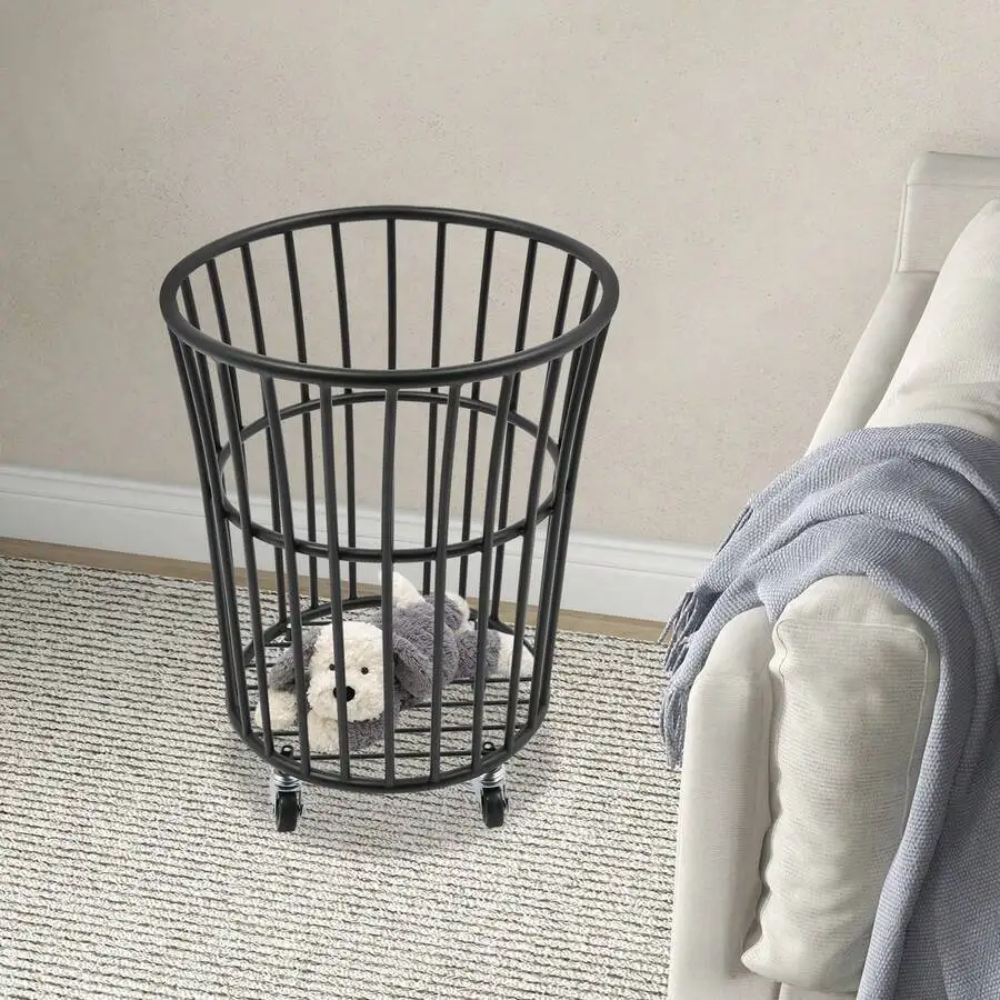 Round Metal Basket With Wheels, Rolling Basket, Laundry Hamper Clothes Storage, Heightened Fence Design Living Room Bedroom