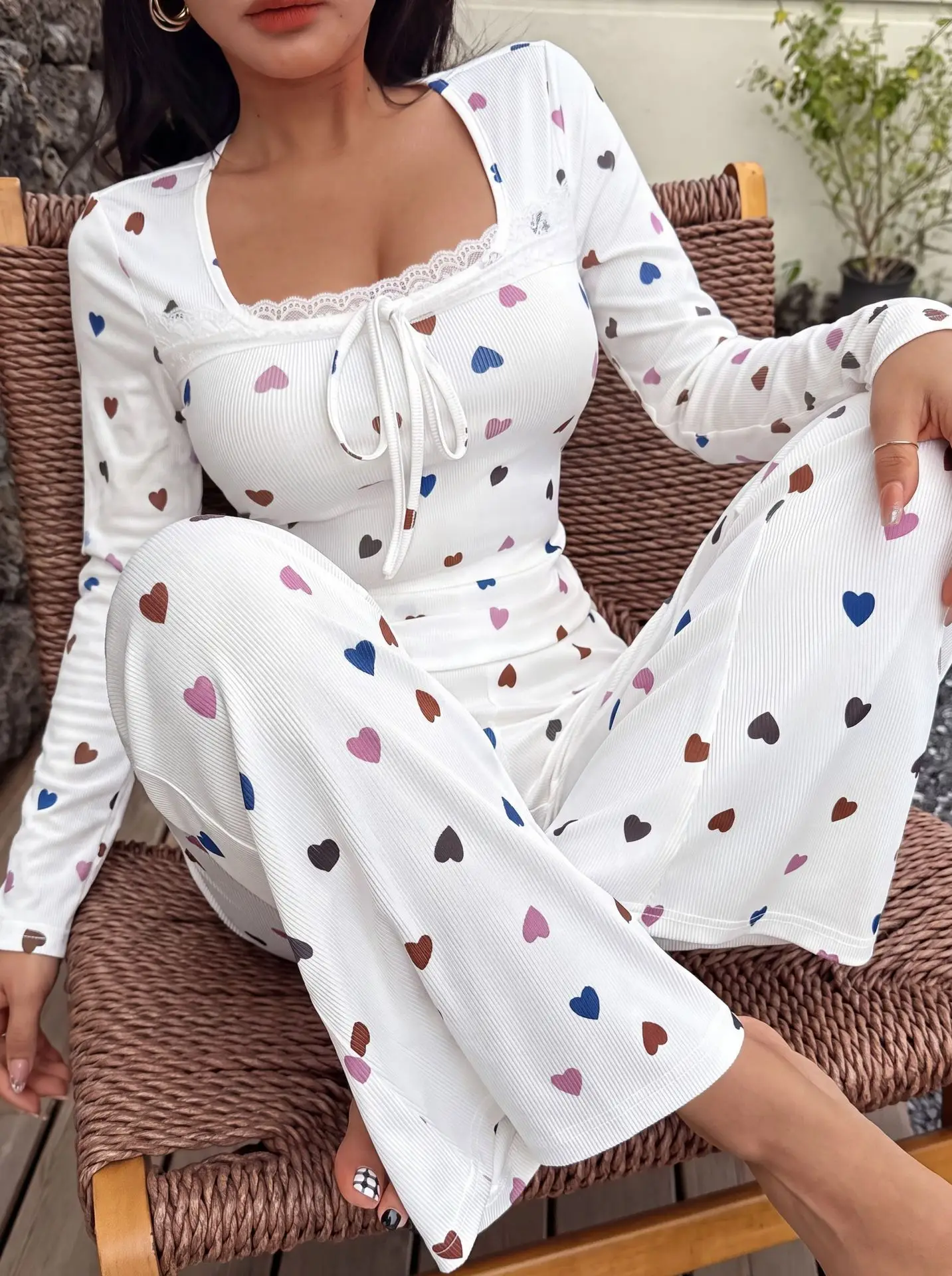 American-Style Spring and Autumn New Women's Fashion Pajamas, Comfortable Lace Homewear, Ribbed Long-Sleeve Top and Pants Set 6