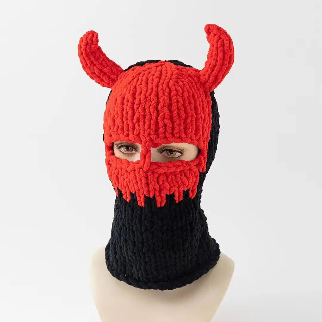 Y2k lange Hasen ohren Hut Winter handgemachte gestrickte lustige Mütze Kappe verdicken warme Voll gesicht Ski maske Abdeckung Sturmhaube für Party – Detail 5