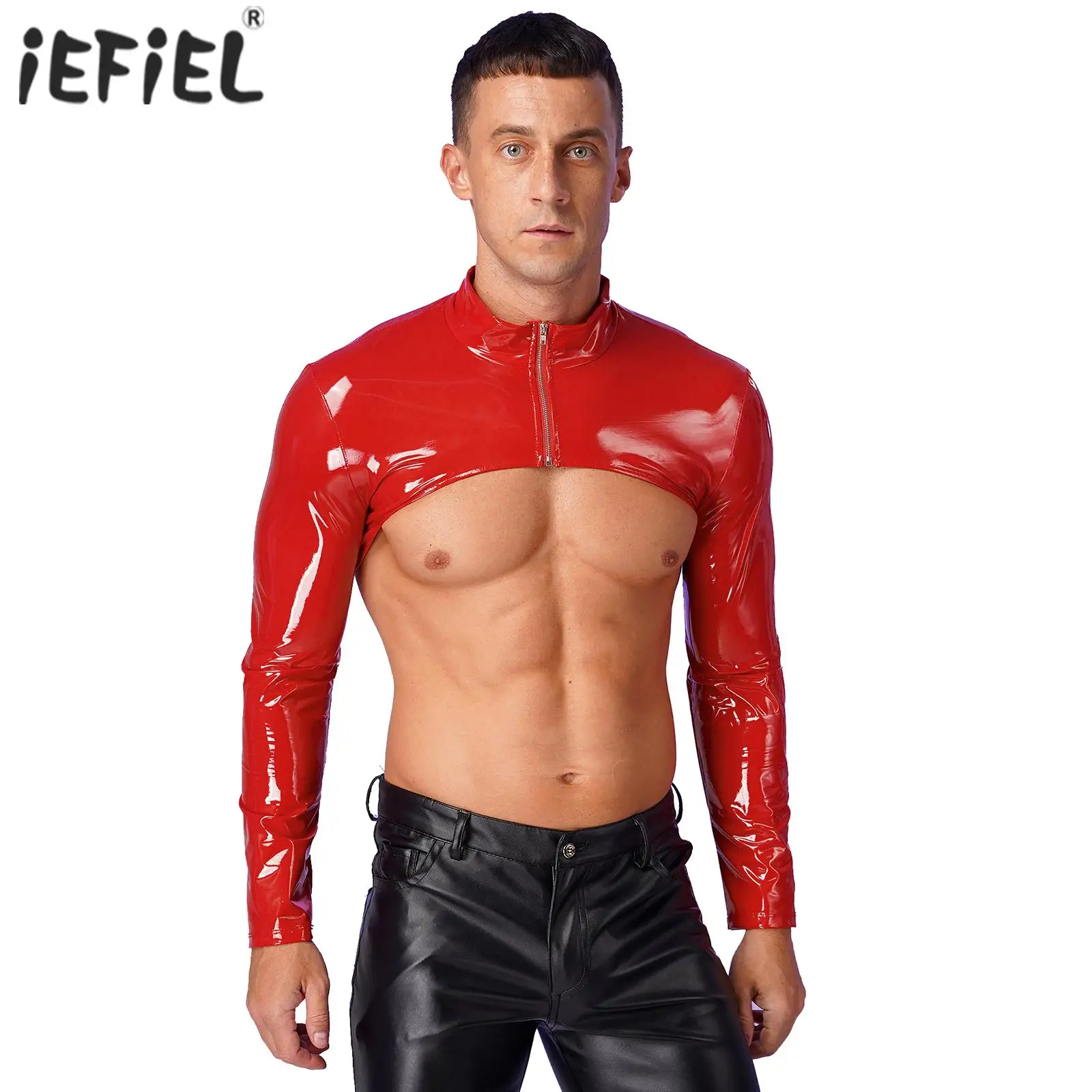 Mens Patent Leather Crop Top Front Zipper Arm Sleeve Shrug Slim Top Long Sleeve Cosplay Clubwear Carnivals Rave Party Costume