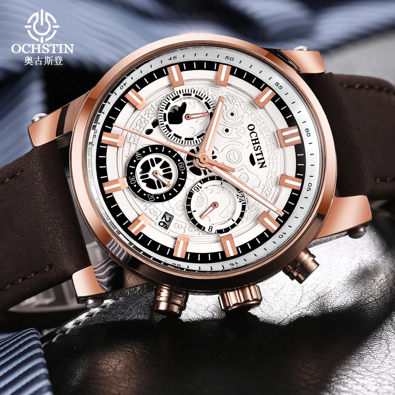 OCHSTIN Men's Classic Thin Case Leather Strap Pilot Quartz Watch Balanced Dial Dimension Male Luminous Hand Calendar Wrist