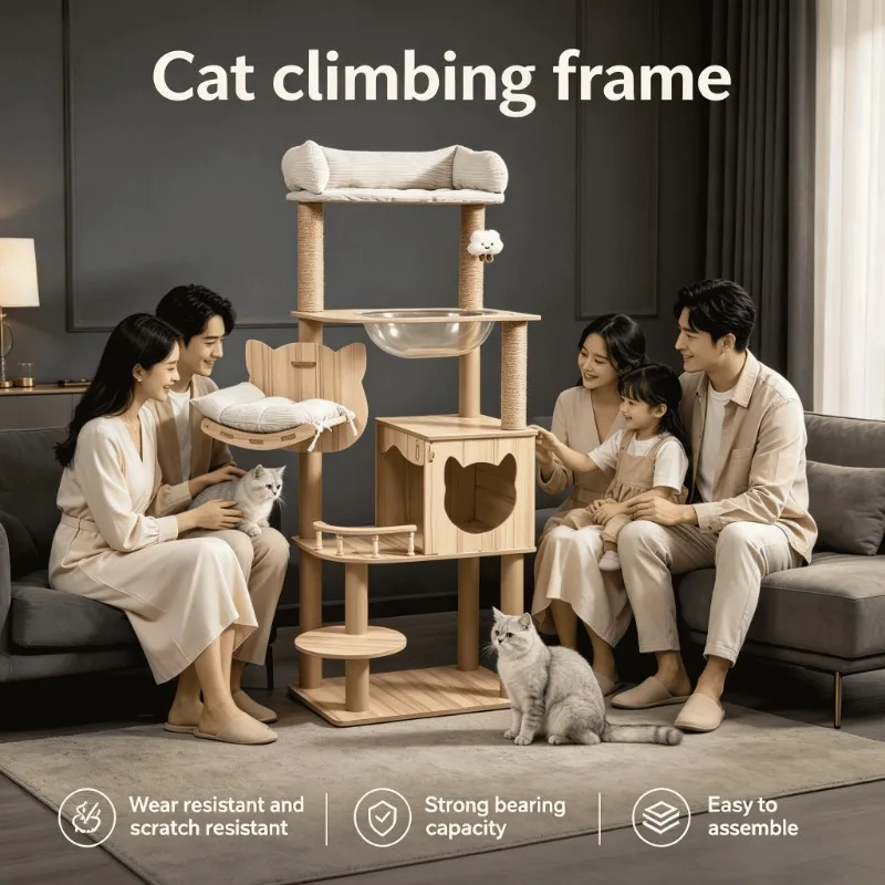 Árbol para Gatos de Madera Grande Purrfect Pet - Condominio para Gatos de Varios Niveles con Postes Rascadores, Mueble Interior que Ahorra Espacio para Gatos, Juguetes para Gatos
