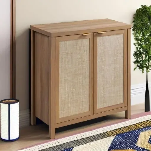 

Rattan Decorated Door - Farmhouse Chest Credenza - Wood Cupboard Console Table for Kitchen Dining Room - Oak