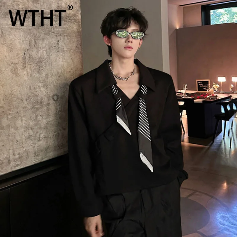 

WTHT Trendy Men's Spliced Tie Contrast Color Design Shirts Fashion Single-breasted Turn Down Collar Tops Male 2025 Autumn 2A1783