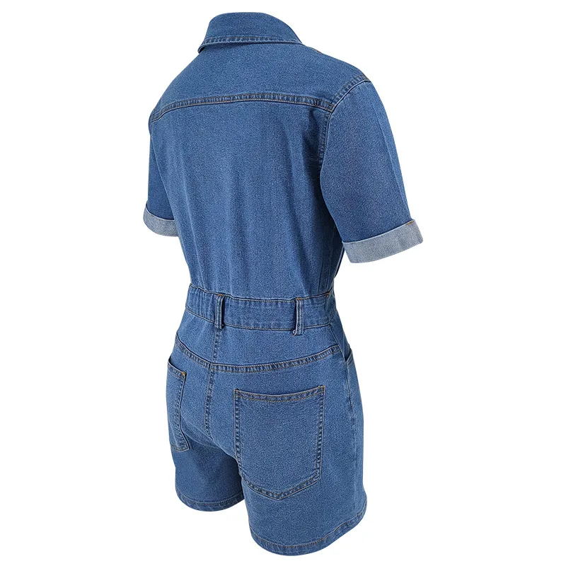 Damski kombinezon jeansowy Benuynffy z krótkim rękawem, kołnierzykiem, kieszeniami, elastyczną talią, w stylu casual streetwear.