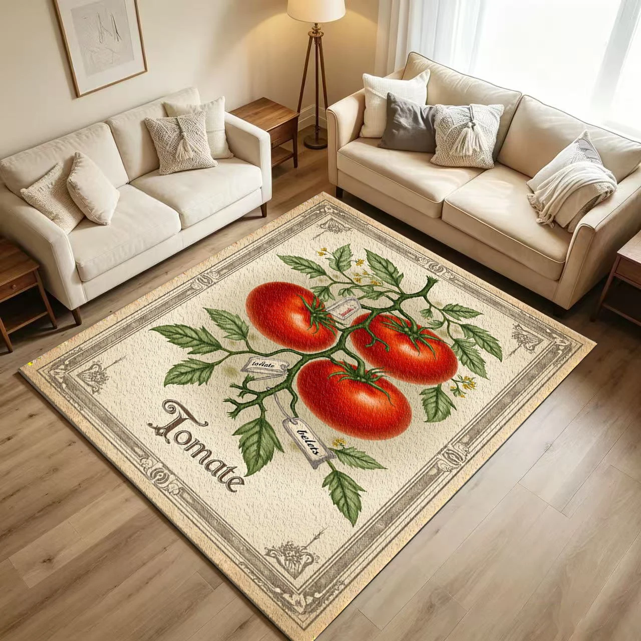 Vintage Tomato Botanical Art Carpet Flooring Retro Vegetable Plant Illustration Border Printed Floor Rug for Household Indoor Home Ornament