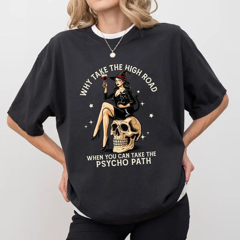 

"Funny Dark Humor T Shirt Women Gothic Graphic Tee Psycho Path Skull Vintage Pin Up Girl Streetwear Punk Rock Top"