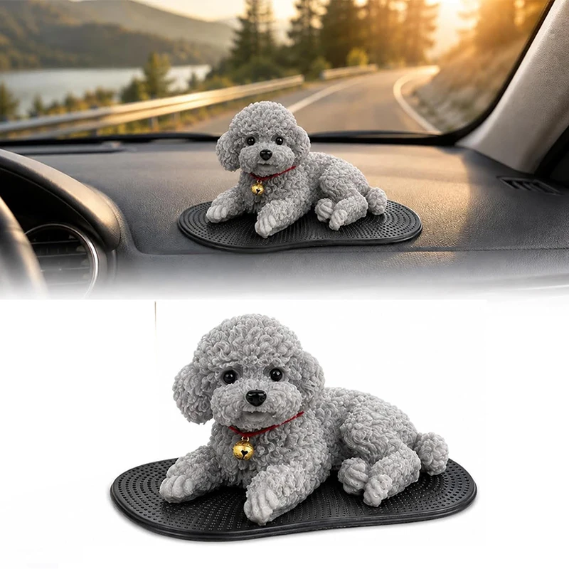 Soft Squeezable Silicone Teddy Dog Dashboard Ornament Lying Puppy Figurine With Anti‑slip Mat Solid Model Car Home Desktop Decor