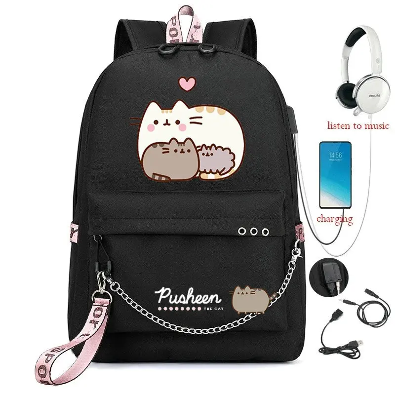 Mochila Kawaii Fat Cat con puerto USB, Bolsa Escolar de Anime para adolescentes, estudiante, gato