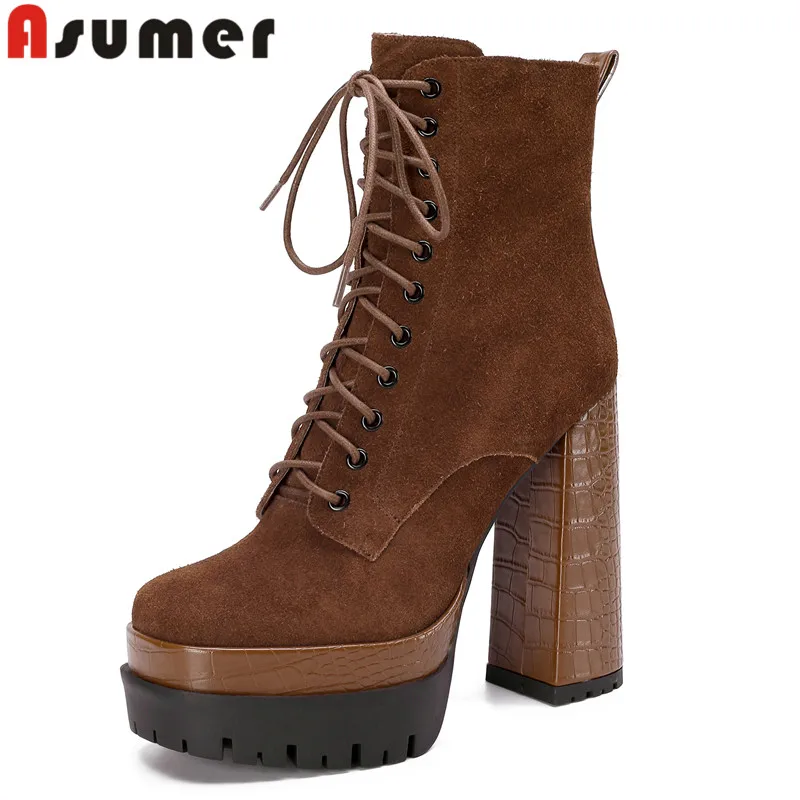 

ASUMER 2024 New Office Ladies Narrow Band Winter Boots Cow Suede Leather Ankle Boots Thick High Heels Platform Shoes