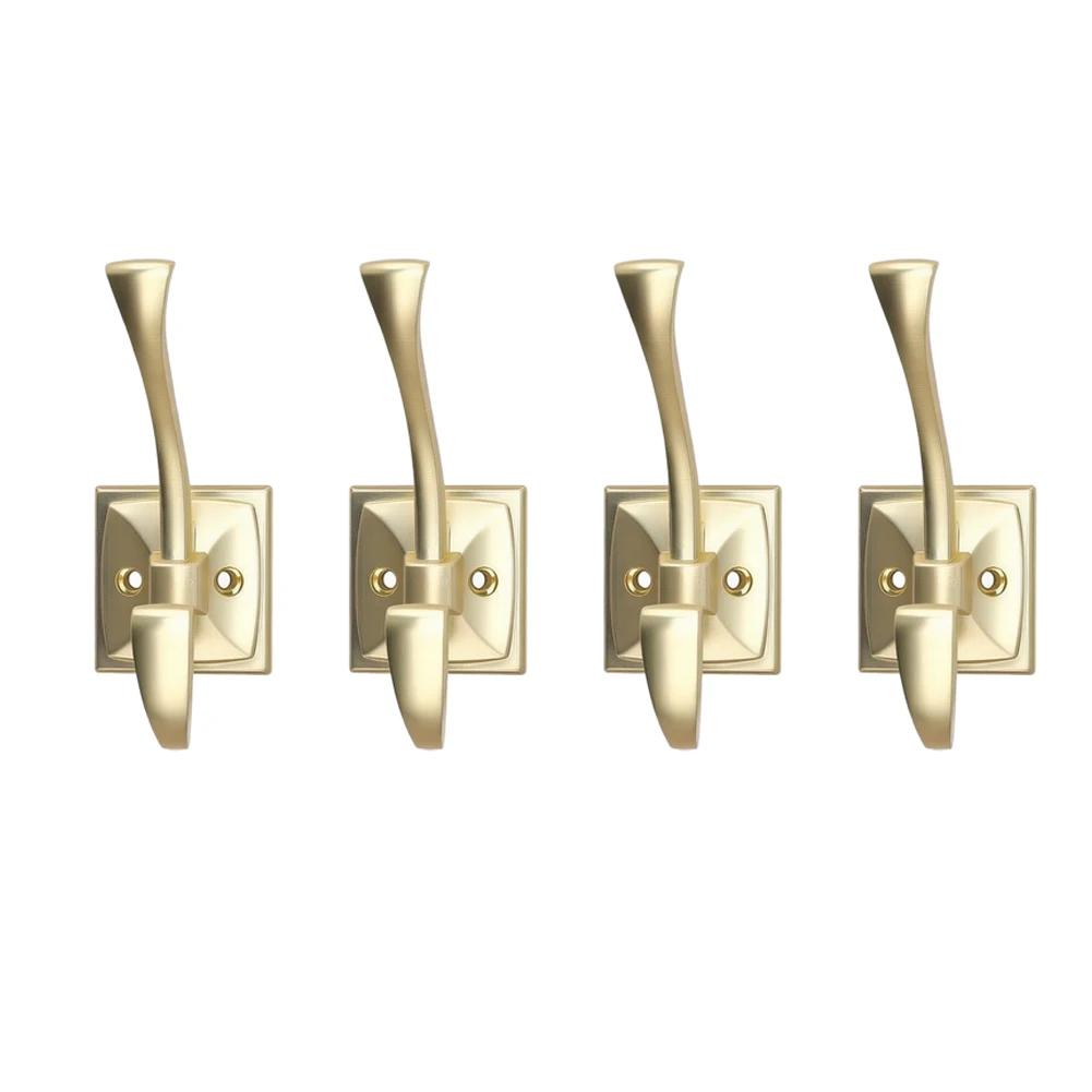 Zinc Alloy Dual Prong Coat Hooks Brushed Satin Gold for Modern Home Decor 2.81 Inch Projection 0.94 Inch Hole Center Distance