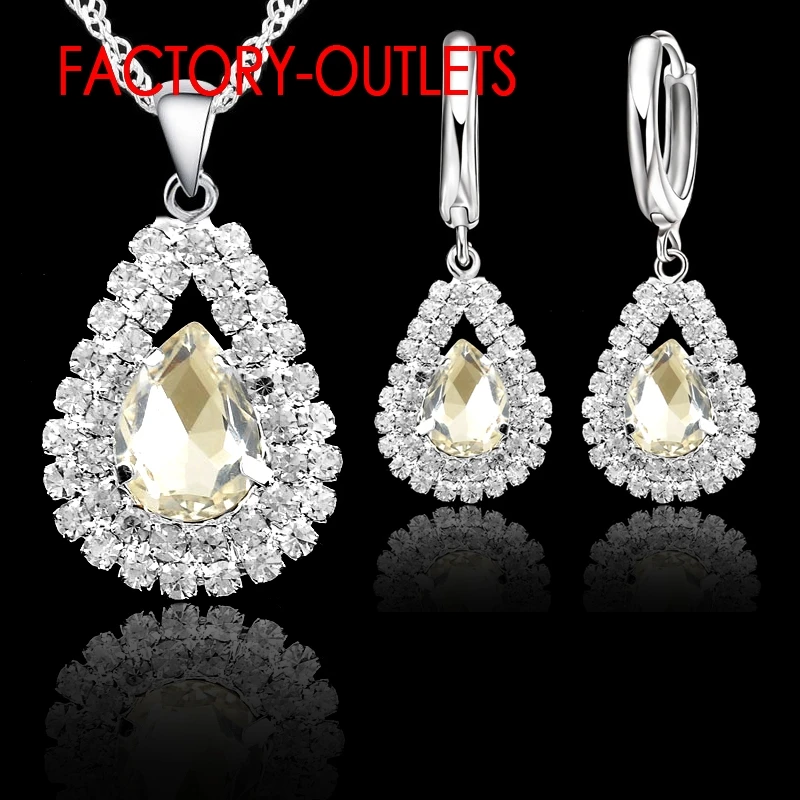 Hot Sale 925 Sterling Silver Bridal Jewelry Sets Austrian Crystal Water Drop Necklaces Hoop Earrings Women Party Engagement