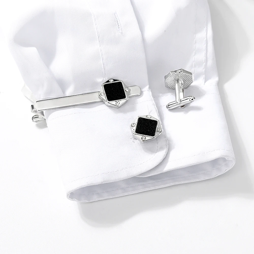 Elegant Classic Mens Galaxy Space Pattern Design Hexagon Shaped Crystal Cufflinks&Tie Clip Formal Party Carbon Fiber Jewelry