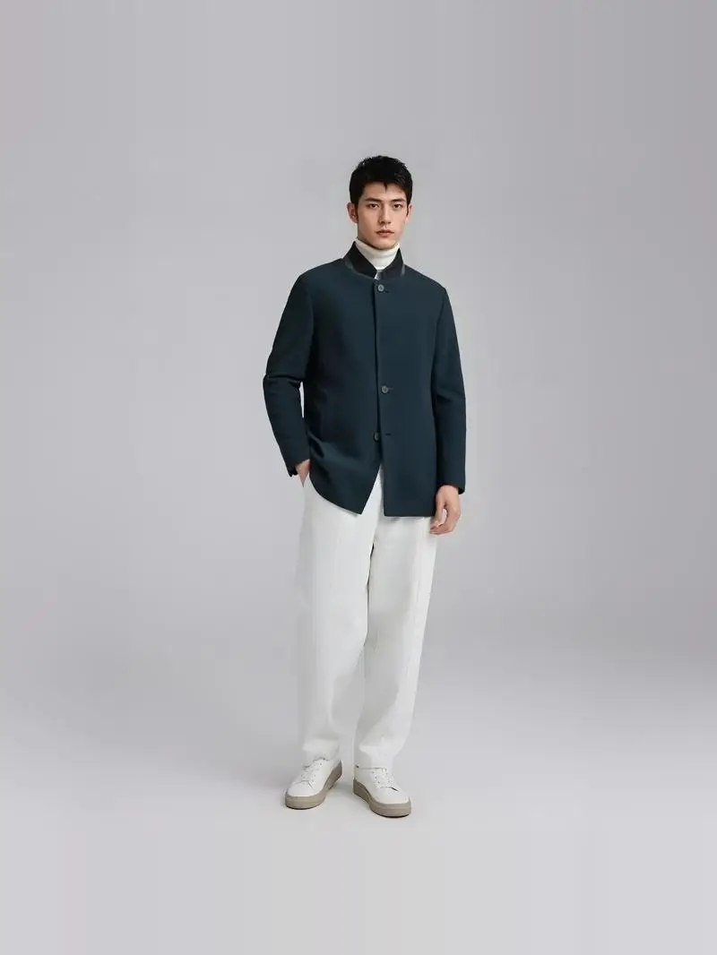 

Men's Woolen Coat SF204 Faionable Windproof Warm Straight Button Autumn Winter Outerwear Stand Fit Casual Urban Sle