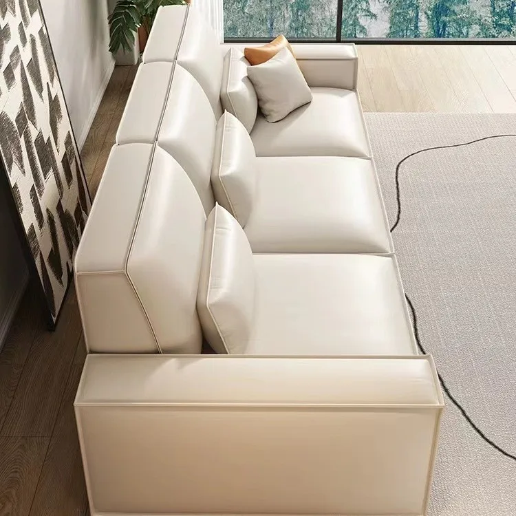 クリームスタイルの第一層牛革ソファライト高級モダンレザー小さなアパートイタリアのハイバックレスト豆腐ブロックストレートロー