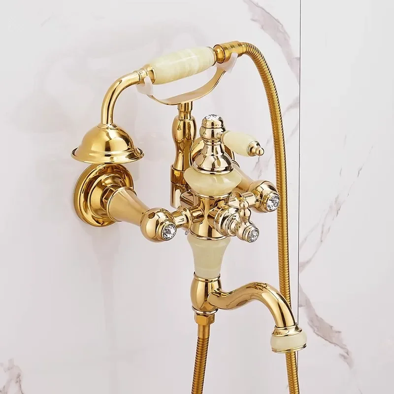 gold bathroom shower set Wall Mounted Bathtub Tap high quality brass and Jade Shower Faucet