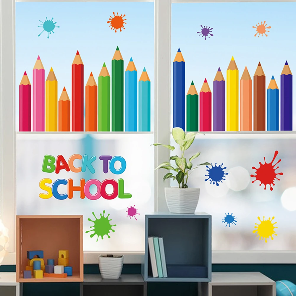 9 Stück Fensteraufkleber, bunt, für den Schulanfang, Bleistift, Fensteraufkleber, wiederverwendbar, doppelseitig, für Zuhause, Wandaufkleber