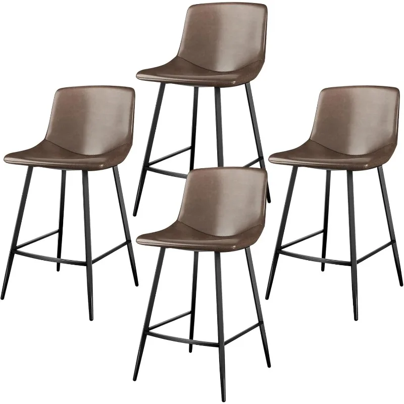 Brown 4 PCS Counter Height Bar Stools 24 Inch Faux Leather Barstools with Back Bar Chairs with Metal Legs for Kitchen Island