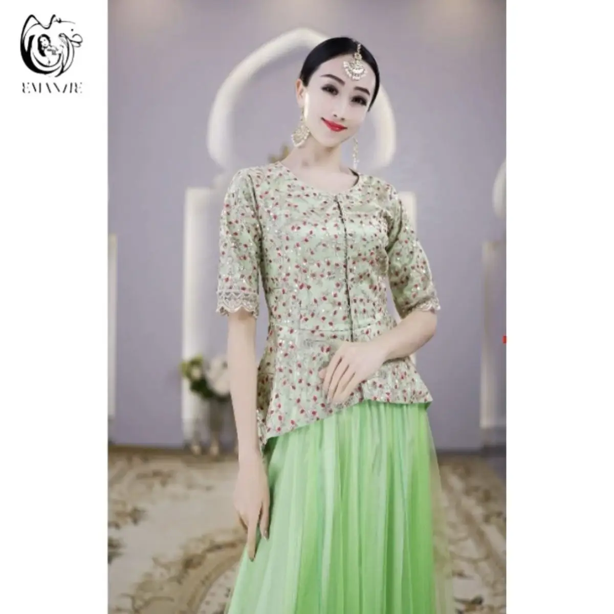 E5201 Yiman Spring Ethnic Style Slimming Women's Wear High Elastic Embroidery Bottom Slim Fit Top Dance Thin Style