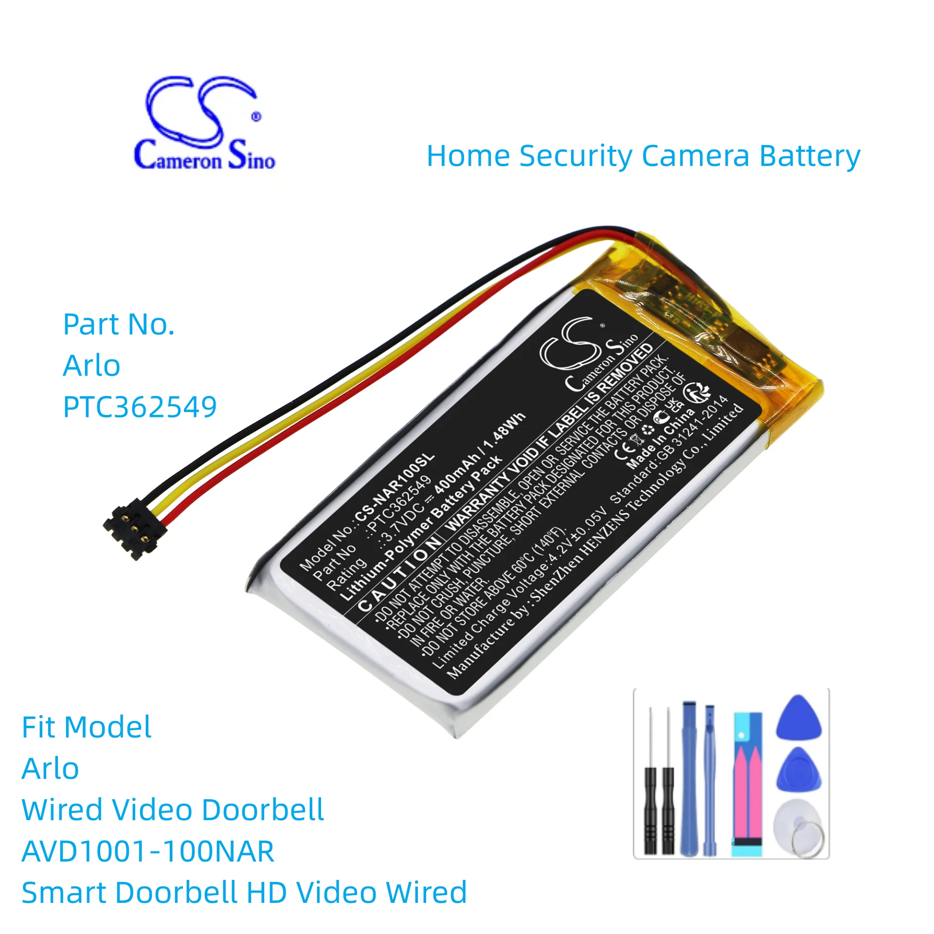 

Home Security Camera Battery For Arlo PTC362549 Wired Video Doorbell AVD1001-100NAR Smart Doorbell HD Video Wired 400mAh /1.48Wh