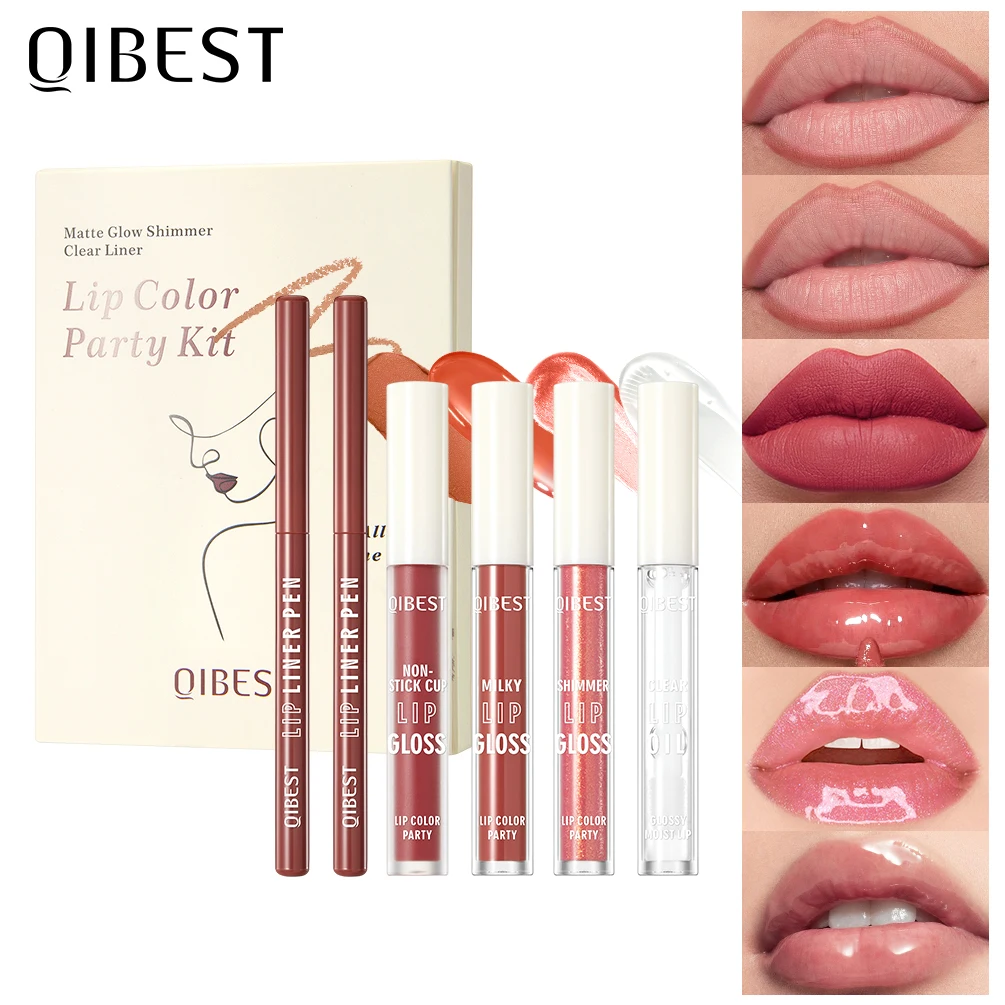Os kits de cosméticos para festa de cor labial QIBEST incluem 2 * Lipliner, 1 batom líquido fosco, 2 esmaltes labiais espelhados e 1 conjuntos de maquiagem de óleo labial