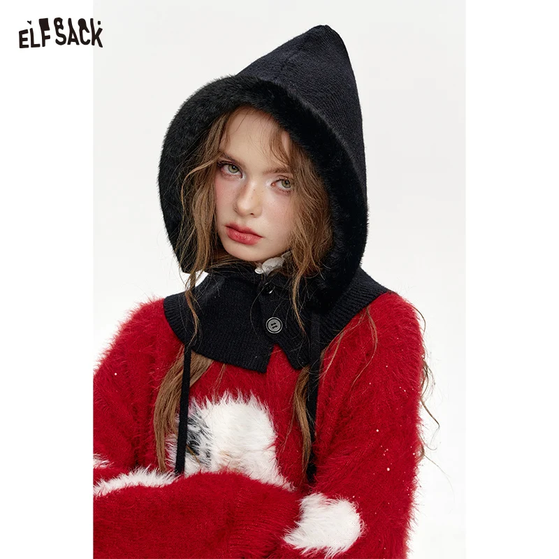 

ELFSACK 2024 Winter New Arrivals Sweet and cute red fluffy knitted hat for women