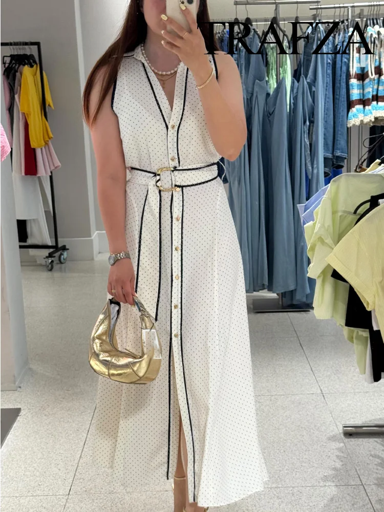 TRAFZA Woman Fashion Chic Sleeveless Single-breasted Dress Women Summer Sexy White Polka Dot Shirt Style Chart Midi Dress Mujer
