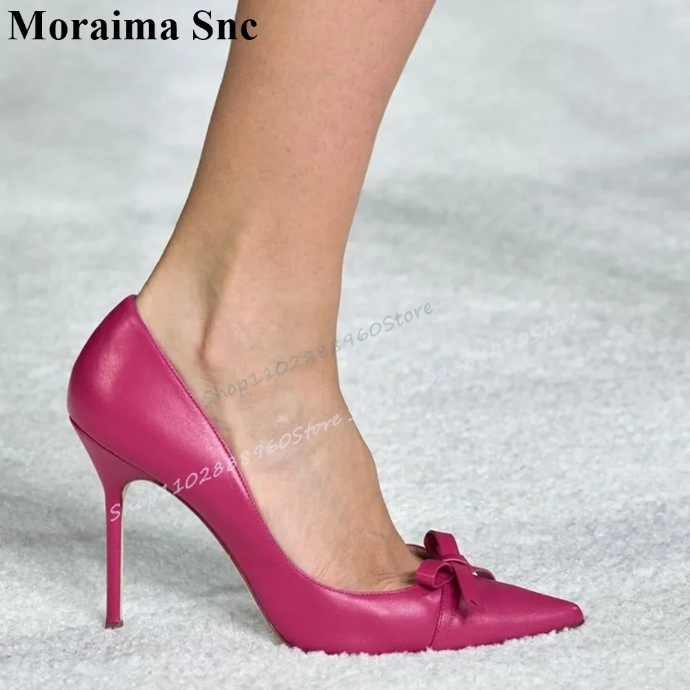 

Shallow Rose Red Matte Leather Bowknot Pumps Thin High Heel Casual Shoes For Women Slip On Pointed Toe Sexy Catwalk Pointy Pumps