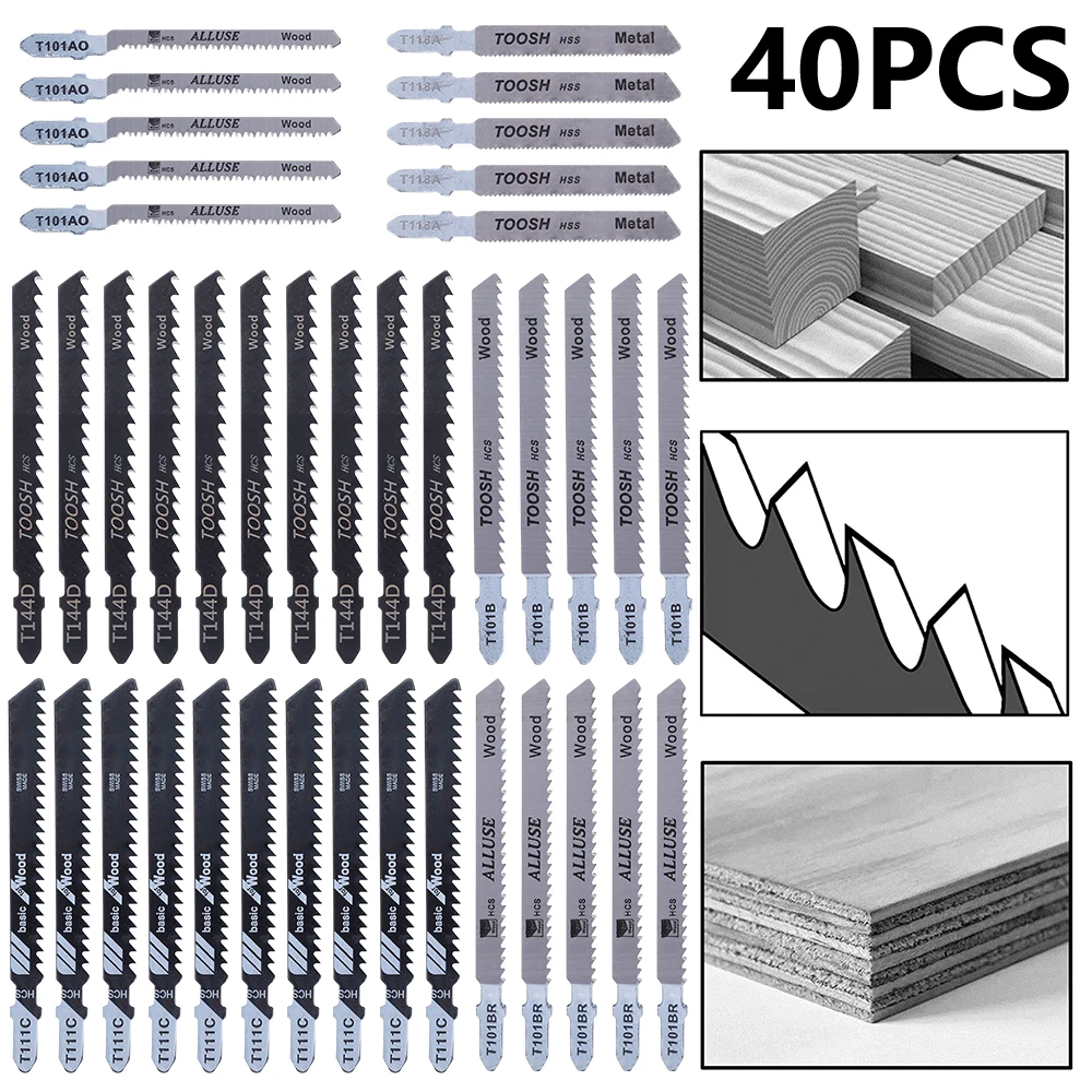 40Pcs Jig Saw Blade HCS High Carbon Steel Assorted Jigsaw Blade Set T118A/T101AO/T101BR/T101B/T111C/T144D Woodworking Saw Blades