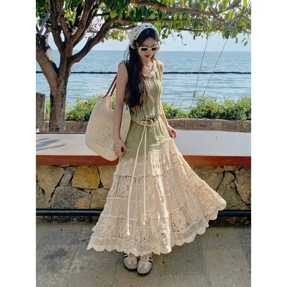 ヴィンテージスカート女性服原宿カジュアルボヘミアン旅行中空アウトファッション服ヴィンテージレース夏のストリート