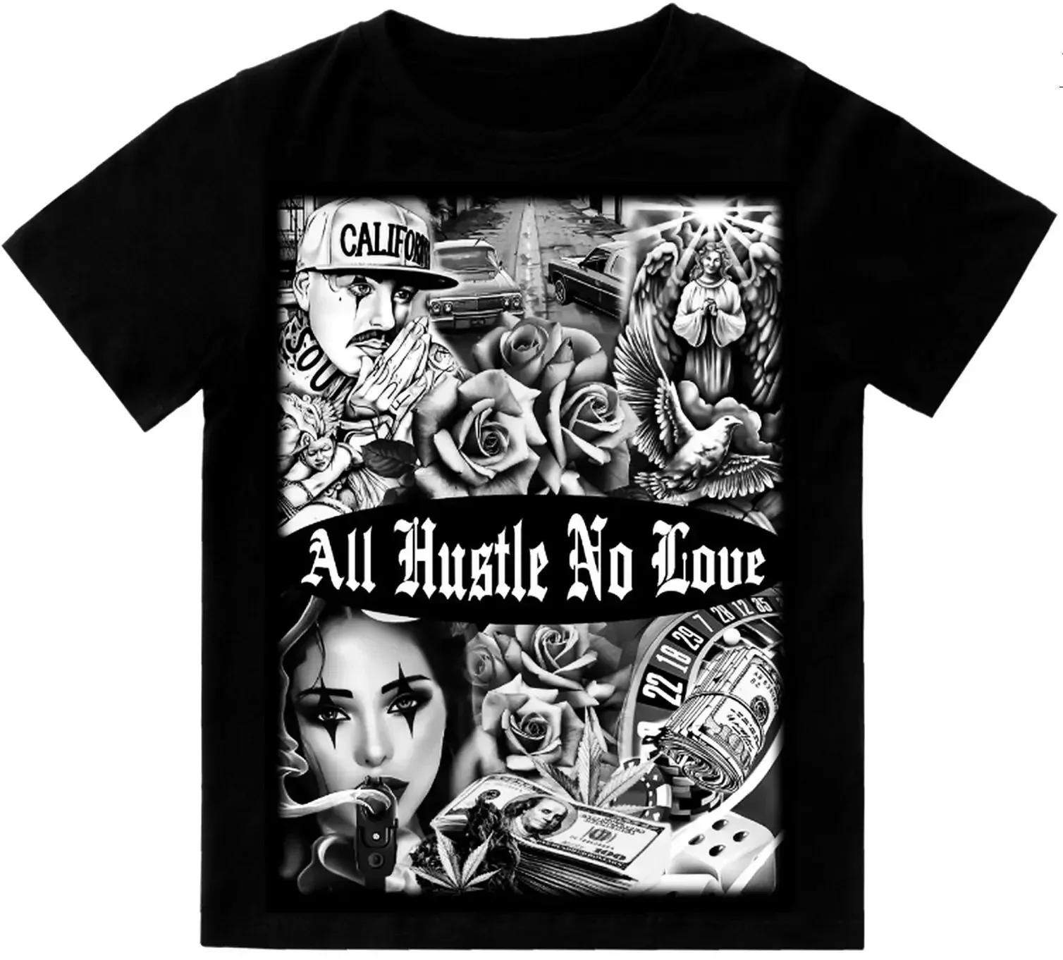 All Hustle No Love Chicano Art Mens T-Shirt Print On Shaka Wear Heavyweight Tee