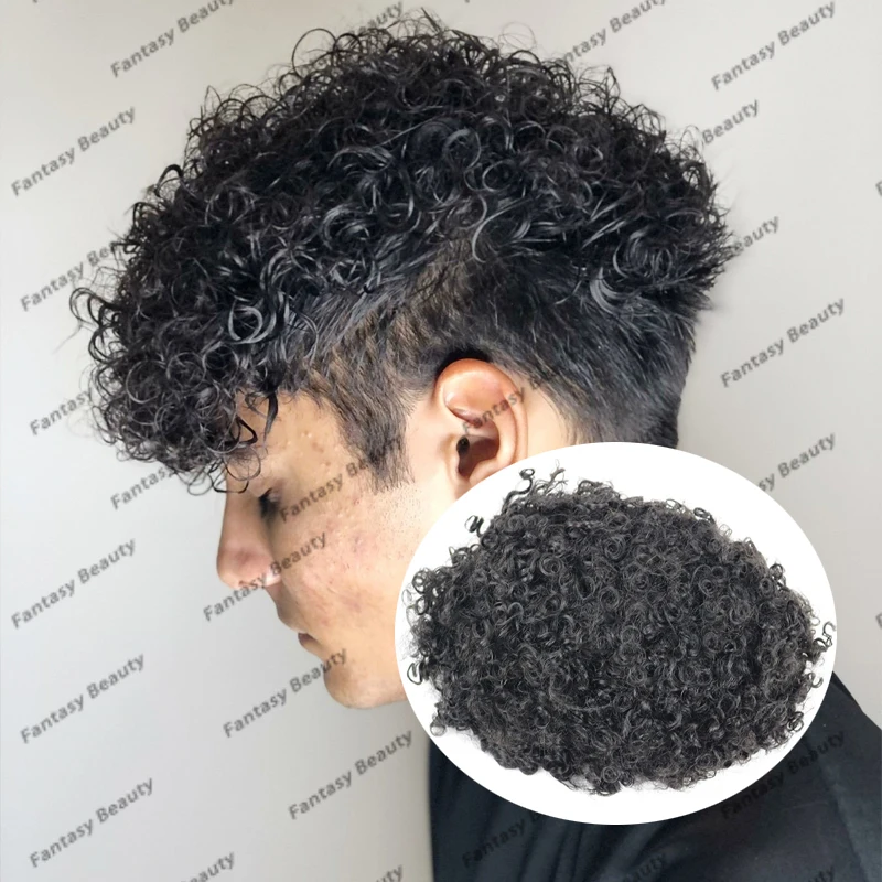 Tupé de pelo humano rizado para hombre, 12mm, rayita Natural, piel completa, Base de PU, sistema de prótesis capilar, negro azabache, alta calidad