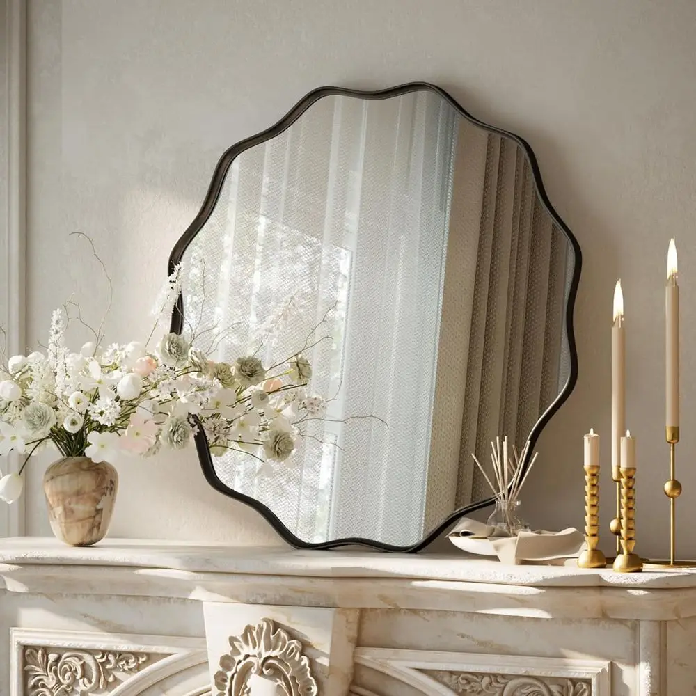 مرآة حائط مستديرة بحافة صدفية مقاس 20 بوصة مع إطار معدني مزخرف لديكور المنزل