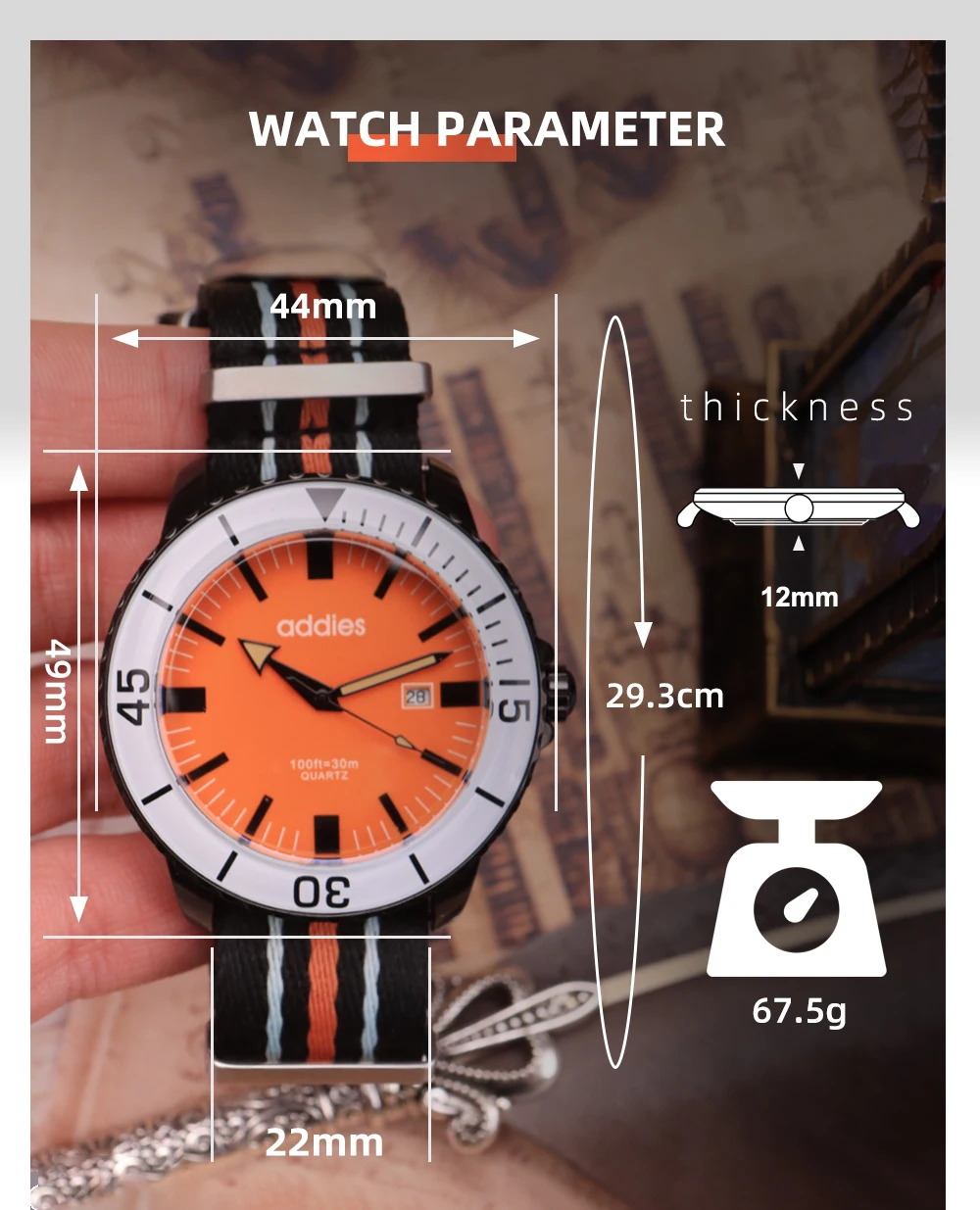 ADDIES 44mm Herren-Quarzuhr BGW9 Super Leuchtend 50m Wasserdicht Datumsfunktion Nylonarmband Casual Outdoor Herrenuhr – Detail 5