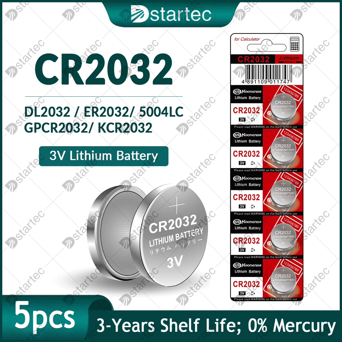 5PCS Koonenda CR2032 3V bateria de lítio para relógio brinquedo calculadora carro remoto; DL2032 BR2032 5004LC 210mAh Coin Cell exp. Data 2032