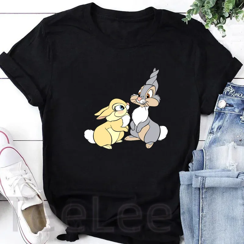 Bambi T Shirt Women Printed Rabbit Graphic Deer Tees Anime Punk Black T-shirt Cartoon Tops Casual Female Tshirt Clothing