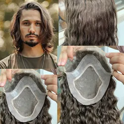 Men's Toupee 8x10Human Hair Piece For Mens Fine Mono Toupee With NPU Around Toupee For Men Long Hair Replacement System For Man