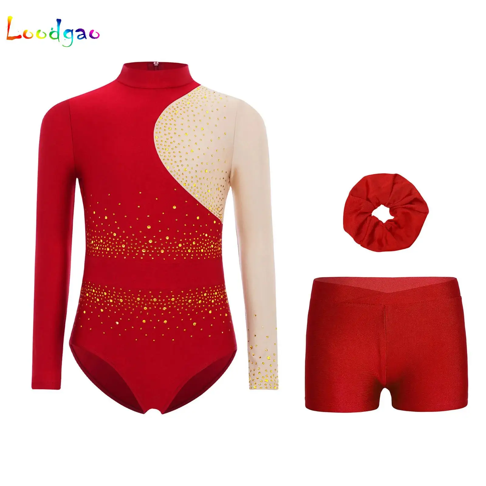 

Kids Girls Rhythmic Gymnastics Jersey Ballet Dance Figure Skating Outfit Rhinestones Leotard+Shorts+Hair Band Performance Wear