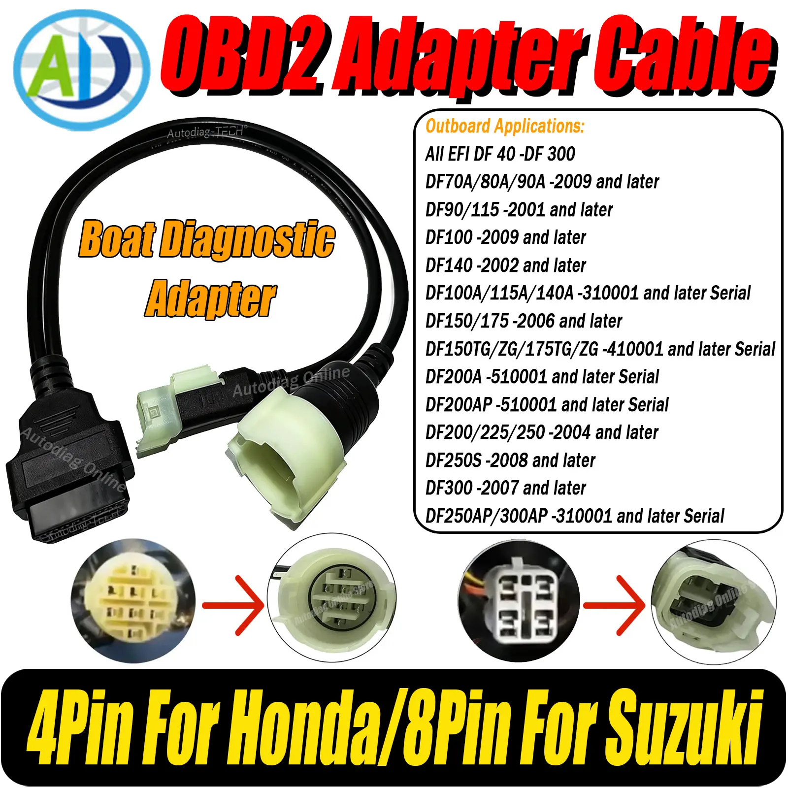 Motorcycle OBD2 Adapter Cable 4pin For Honda Boat Diagnostic Adapter For DF 100/115/140/150/175/200/225/250/300 For Suzuki 8Pin