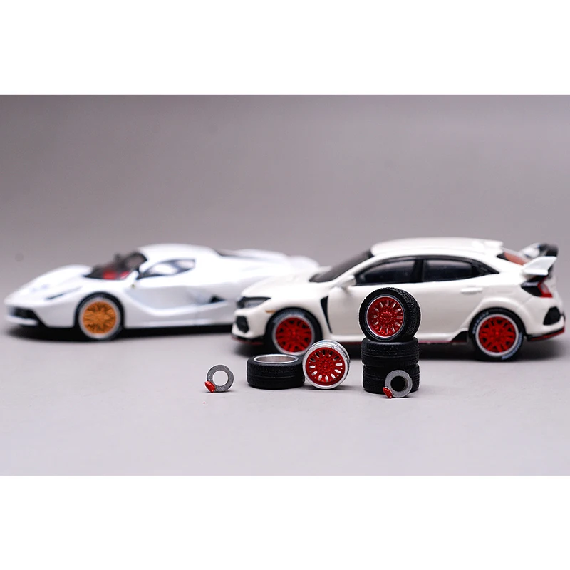 CM Model 1:64 Alloy Metal Wheels Rubber Tires Design Rims Replace Modified Parts JDM Style for Model Car Vehicle 4pcs Set