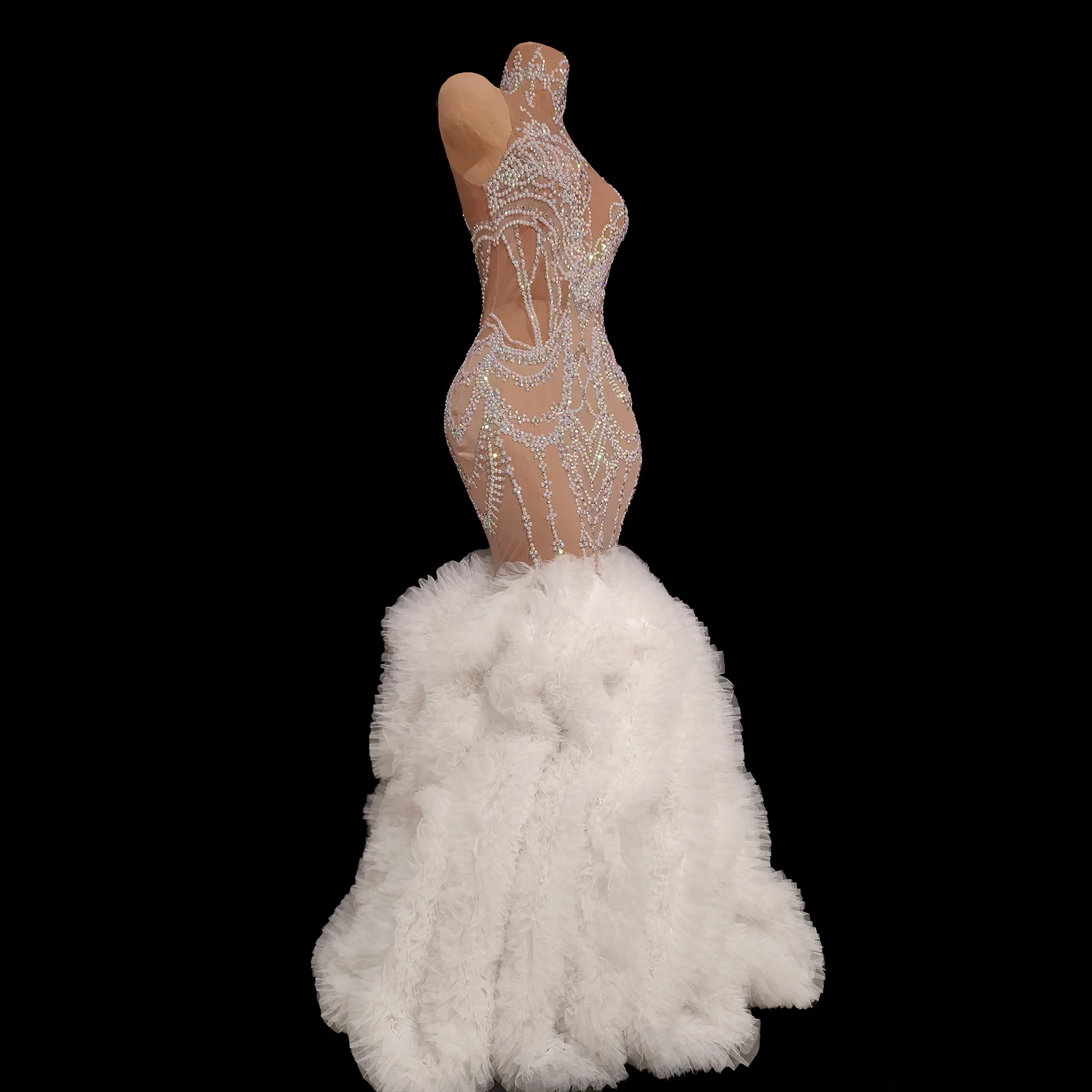 عالية الرقبة انظر من خلال حجر الراين ذيل السمكة فستان أبيض ريشة تنورة فاخرة مأدبة فستان طويل المغني والمشاهير فستان الزفاف #4