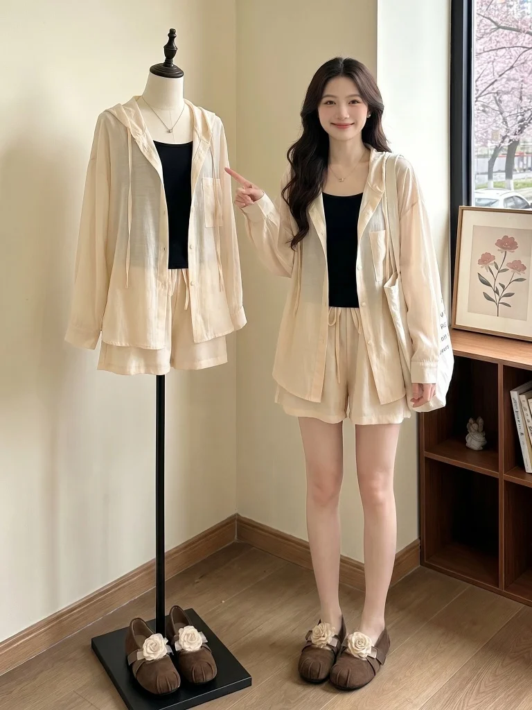 

Summer Fashion Women's plus Size Sun Protection Light Weight Jacket Tank Top Shorts Three Piece Set High Waist Shorts