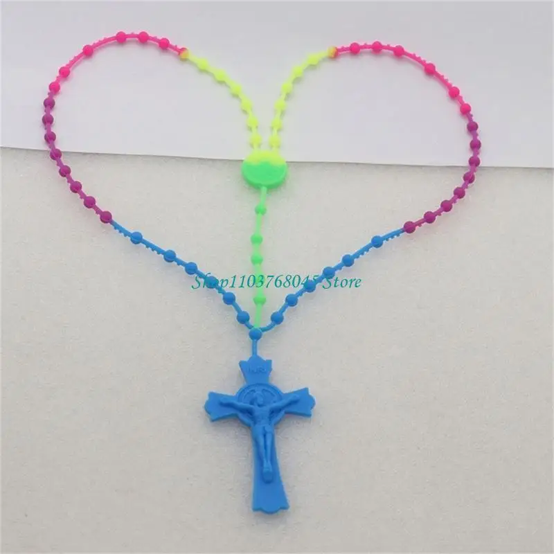 R53F Plastic Rosary Beads Chain Catholic 10 Pack Colorful Rosary Crosses Necklaces Religious Prayer Jewelry Necklace Gift