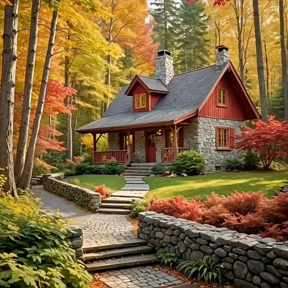 Momoart DIY Diamantmalerei Haus-Landschaft Neue Kollektion Vollflächiges Quadratisches Diamant-Mosaik Baum Kreuzstich Handarbeit Hobby